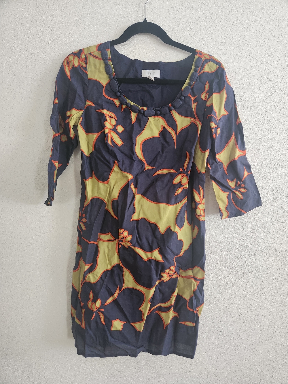 Loft Navy & Yellow Floral Scoop-Neck Dress